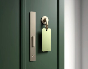 An Key Tag Label Mockup Side View on the Door Home Hotels 