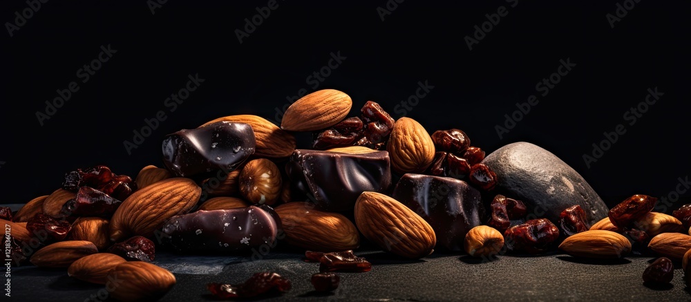 Poster aarrangement of dark chocolate covered nuts in various shades of brown on a textured stone surface w