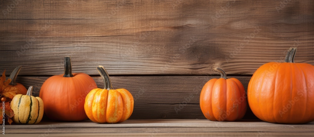 Aufkleber autumn pumpkins of various sizes in orange and yellow on a rustic wooden background with soft lighti