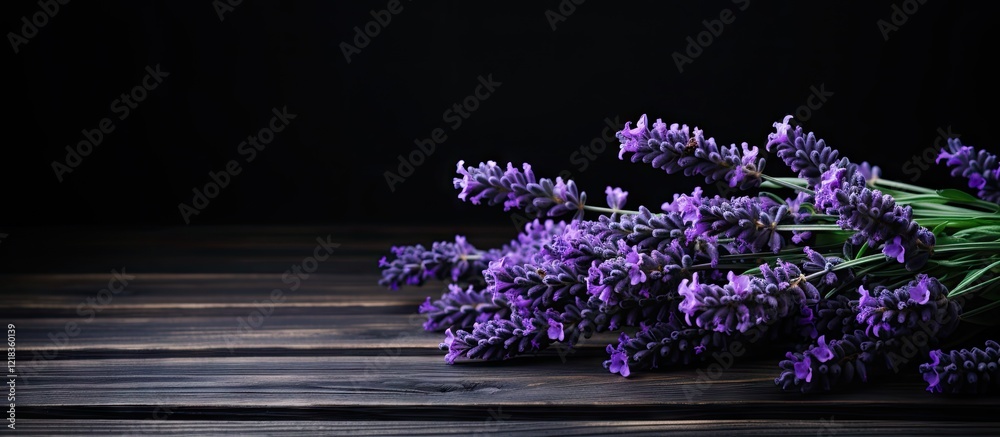 Poster lavender flowers in vibrant purple arranged on a dark wooden table with a black backdrop creating a 