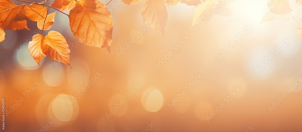 Poster autumnal background with warm orange and yellow leaves on the left, soft bokeh lights in the center,