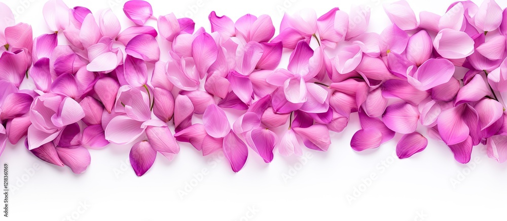 Poster Vibrant pink and lilac tulip petals arranged in a flat lay on a clean white background creating an elegant space for text and design elements