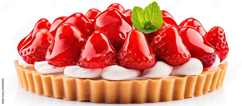 Poster strawberry tart featuring vibrant red strawberries on a creamy white layer, set against a clean whit