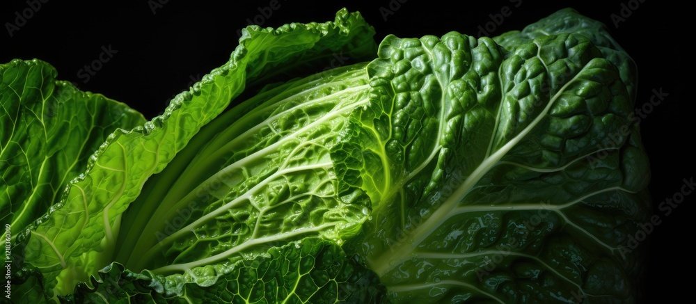Aufkleber vibrant green savoy cabbage leaf close-up with intricate textures set against a deep black backgroun