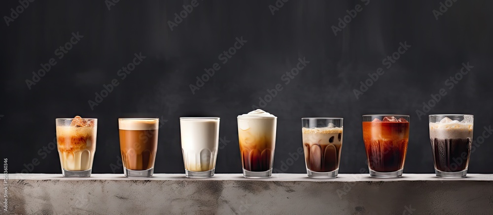 Poster Diverse array of coffee drinks in glass cups arranged on a concrete surface with a dark background showcasing various textures and colors.