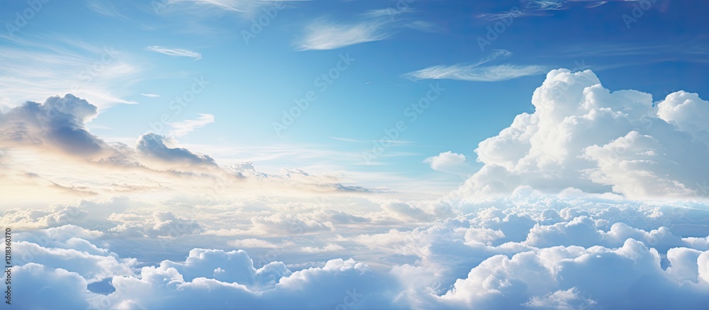 Poster serene blue sky with fluffy white clouds creating a peaceful atmosphere, soft light hues in the back