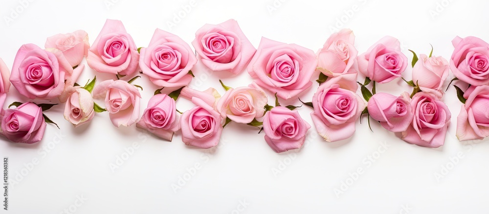 Poster pink roses with neatly arranged petals in a horizontal layout against a pure white background, creat