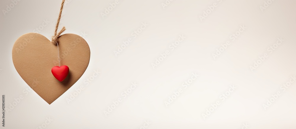 Poster Simple brown heart shape with a small red heart hanging in the center against a soft beige background, positioned to the left side of the image.