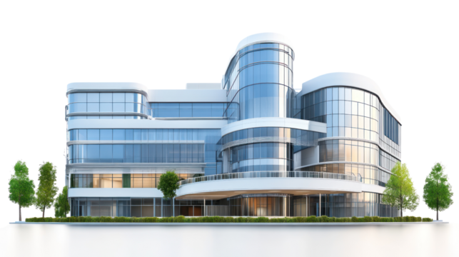 Modern architectural building with glass facade and landscaped surroundings, featuring contemporary design elements and green landscaping.