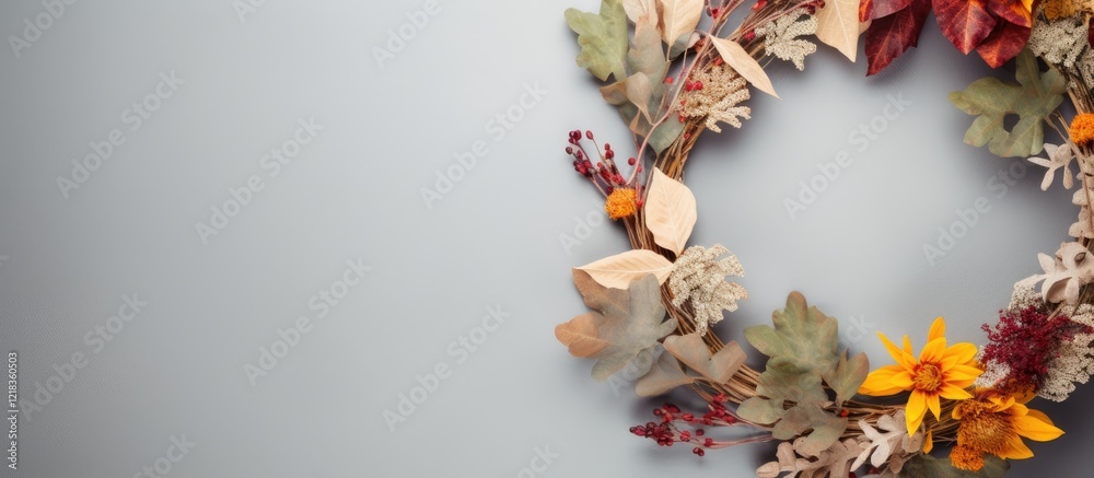 Aufkleber Autumn wreath featuring colorful leaves and flowers in a round frame against a soft grey background with ample copy space on the right side