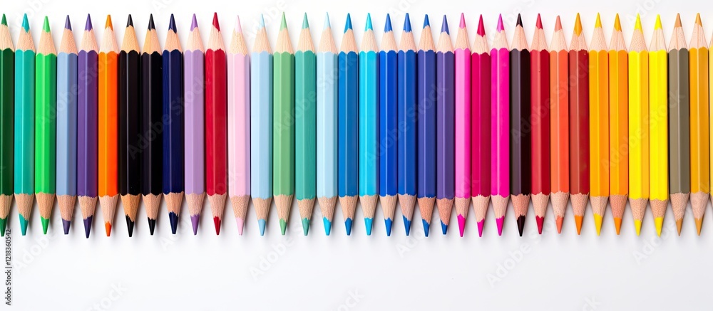 Poster colorful pencils arranged in a horizontal line on a white background with ample copy space showcasin