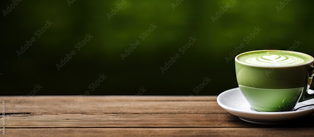 Aufkleber A warm matcha green tea latte in a light green cup on a rustic wooden table with a blurred green background and ample copy space on the left.