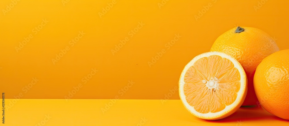 Poster ripe freshly cut lemon in foreground on vibrant orange background with bright yellow tones and ample