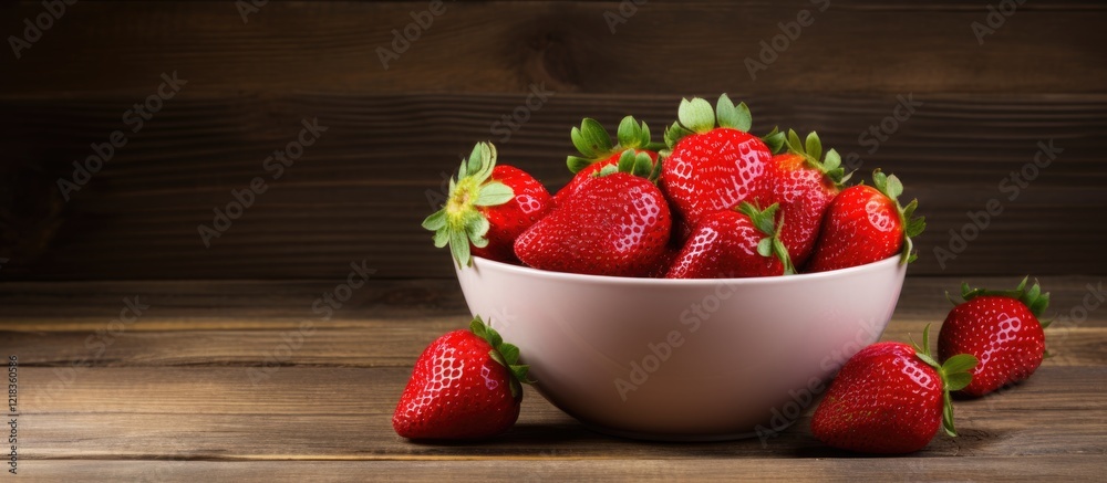 Poster fresh and vibrant strawberries in a white bowl on a rustic wooden background with ample space for te