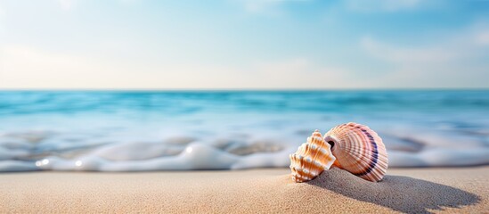 Obraz premium Summer beach scene featuring a colorful sea shell positioned prominently on soft sand with a serene blue ocean in the background and clear sky.