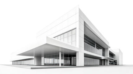 Modern architectural building with sleek lines and large glass windows on a white isolate background.
