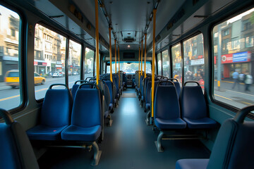 Empty bus interior. Seats without passengers. Public transport. Transportation of passengers by public transport. Ergonomic interior of the bus. Travel to other cities.