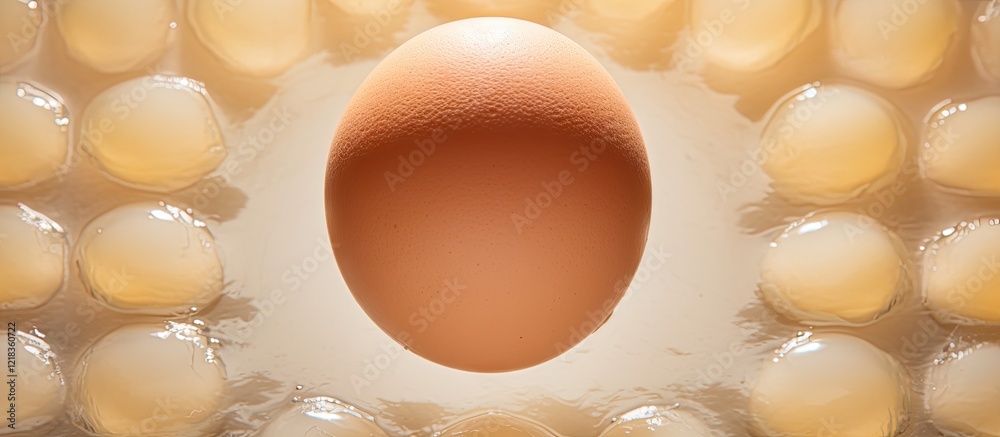 Poster Top view of a closeup egg carrier featuring a brown egg surrounded by yellow yolks illuminated by natural light with ample copy space on the sides