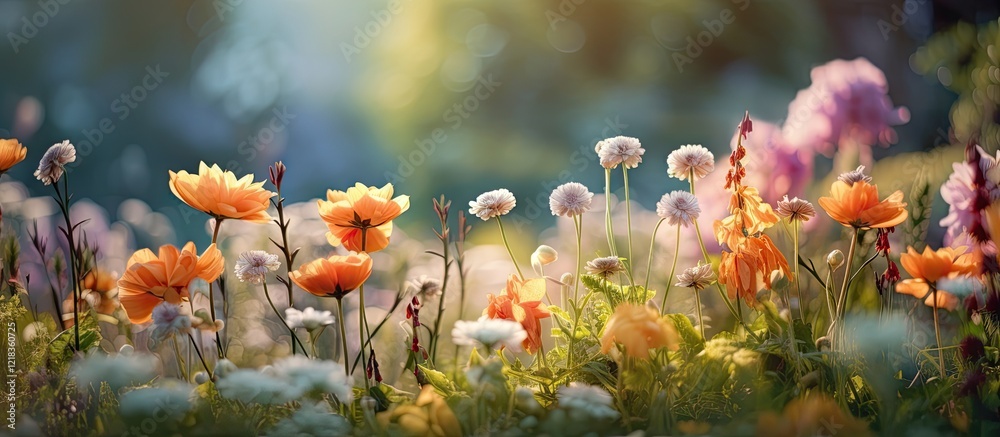 Poster Vibrant field of assorted flowers in vivid oranges, pinks, and whites against a soft green background with enchanting bokeh effect for copy space