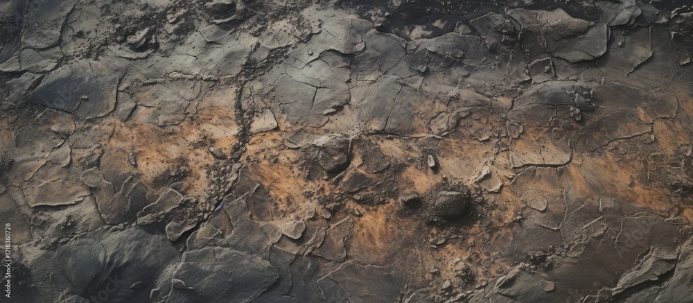Aufkleber Textured volcanic mud patterns in earthy tones of brown and gray, center focus with ample copy space above and below for overlay text.