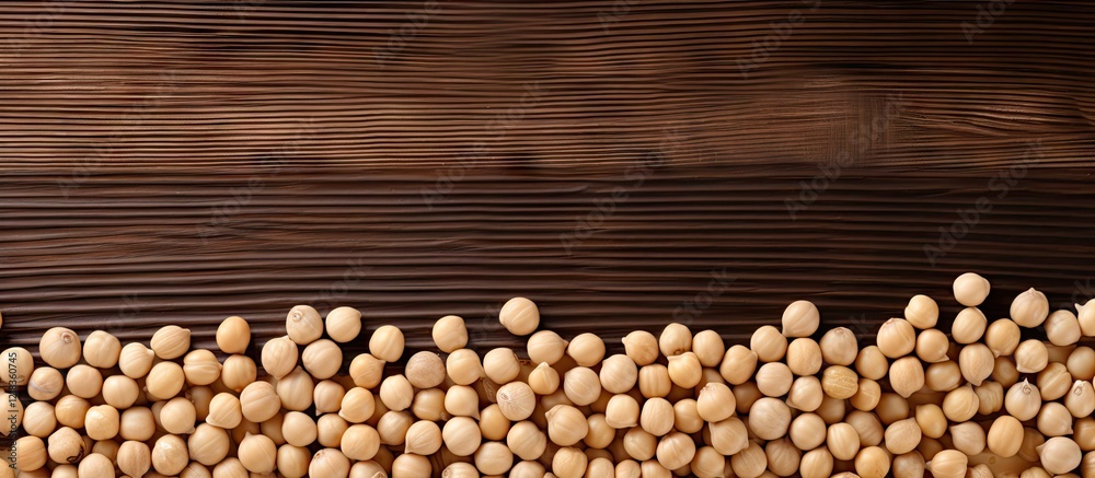 Aufkleber Raw chickpeas scattered elegantly on a dark wooden background with ample copy space for text creating a natural and rustic aesthetic.