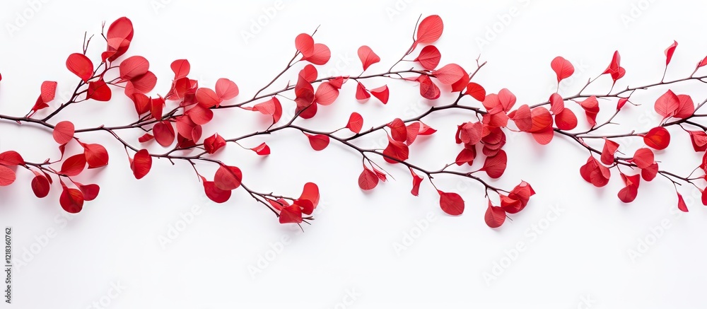 Aufkleber Delicate red leaf branches arranged horizontally on a white background creating a vibrant minimalist design with a focus on natural beauty.