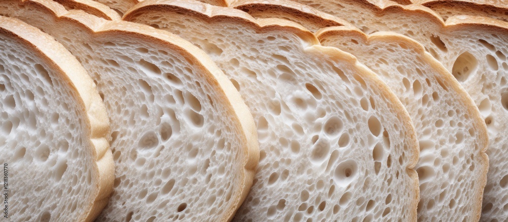 Aufkleber Close up of sliced white whole wheat bread arranged in a layered pattern showcasing airy texture with beige tones ideal for text overlay