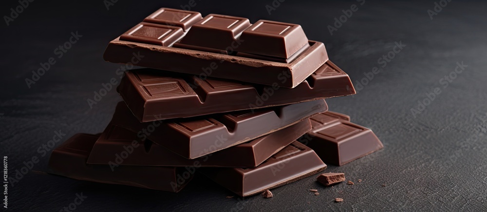 Poster Dark milk chocolate bars stacked strategically in high angle view on a gray textured background with ample negative space for text and graphics.