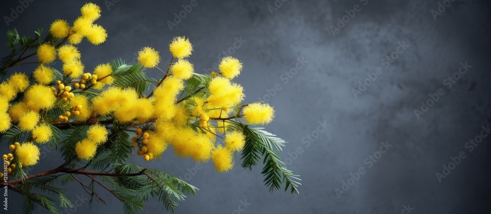 Aufkleber Vibrant yellow mimosa blooms on the left against a textured gray backdrop creating ample negative space for text and design elements.