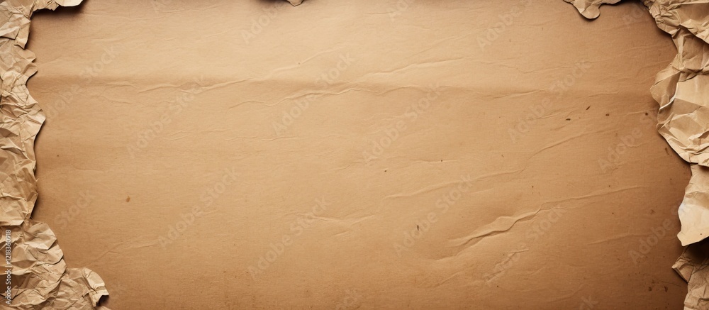 Poster Torn brown paper background with textured edges creating a space for text in center highlighted by soft lighting for a vintage feel.