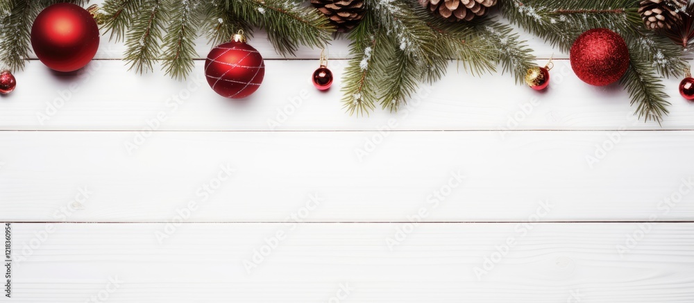 Poster red and gold christmas ornaments with pine branches on a white wooden background creating a festive 