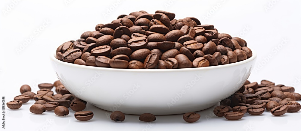 Poster close up of a large bowl of roasted coffee beans on a white background with ample space for text sho