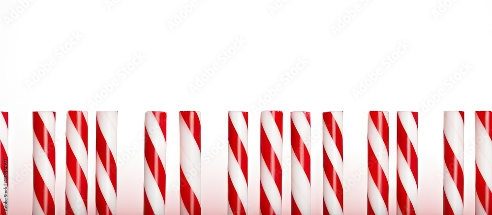Aufkleber Red and white striped candy canes arranged horizontally at the bottom of a bright white background creating ample copy space for design elements.