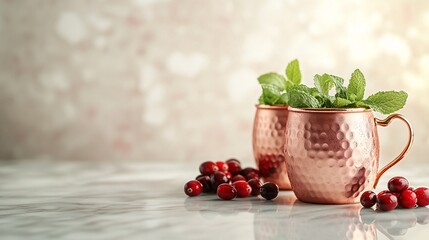Vibrant copper mugs with cranberry and mint on marble surface