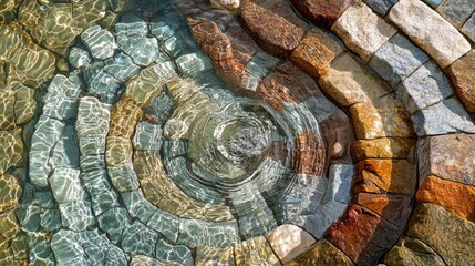 a circular pool with a stone wall and water