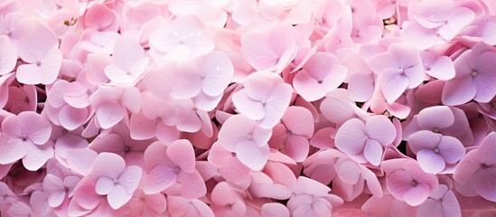 Fototapeta premium Soft light pink backdrop featuring dense clusters of Endless Summer Hydrangea flowers creating ample copy space for text elements.
