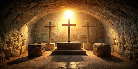 Naklejka premium An empty tomb with three crosses in a dimly lit room, surrounded by old stone walls and dusty relics, evoking a sense of stillness and reverence, silence, sacred space