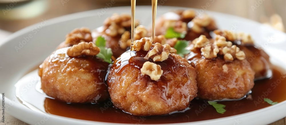 Poster golden brown round fritters drizzled with dark syrup and topped with walnuts on a white plate creati