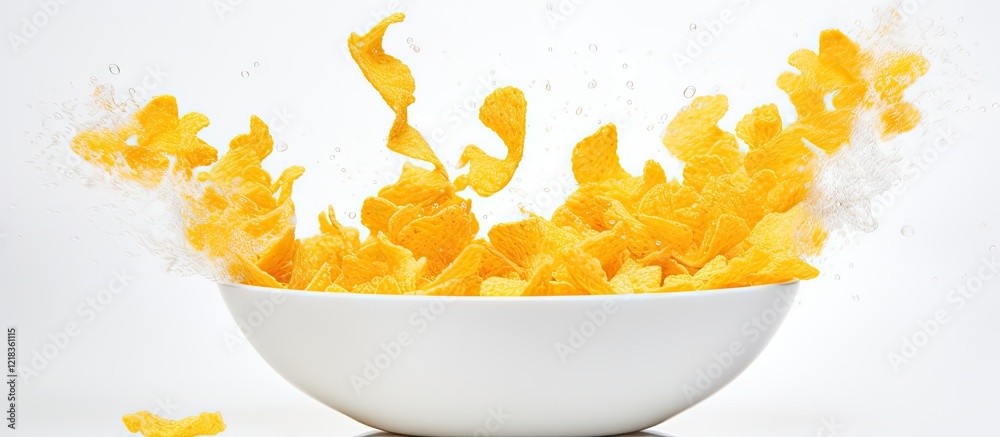 Poster Golden corn flakes cascading into a pristine white bowl against a bright white background creating a dynamic motion effect and visual appeal