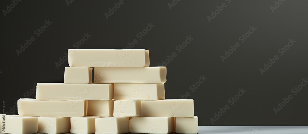 Poster White chocolate bars stacked on a gray background with soft shadows highlighting their creamy texture and angular edges in a minimalist composition