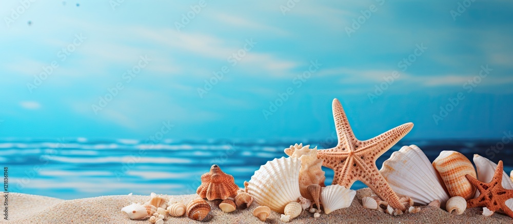 Poster vibrant coastal scene with scattered starfish and cockleshells on sandy beach, azure sky and calm oc