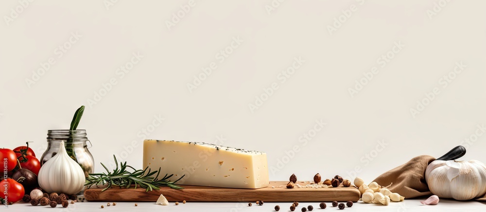 Poster soy cheese slice on a wooden plank with garlic, peppercorns, and herbs on a light background with am