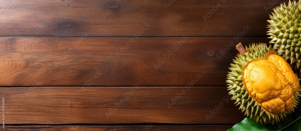Aufkleber ripe durian fruit with thorns positioned on the left side against a dark wooden board background ide