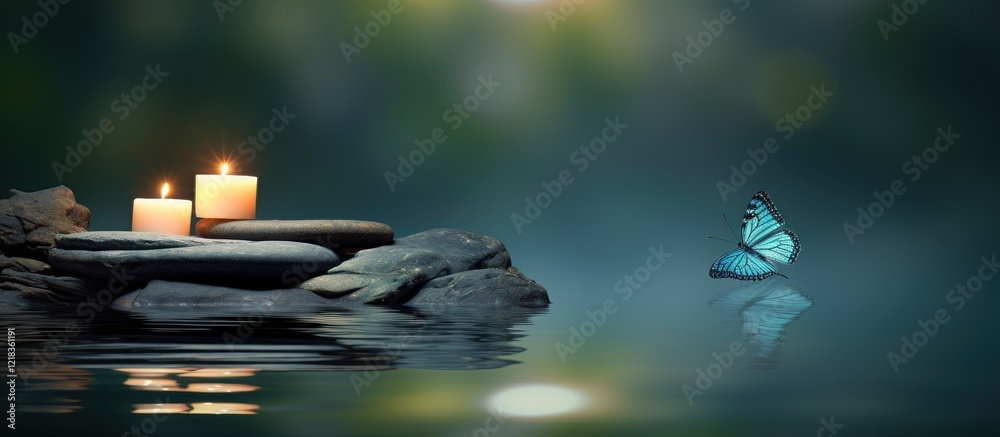 Aufkleber serene scene with stacked gray stones to the left three warm candles glowing softly in water and a b