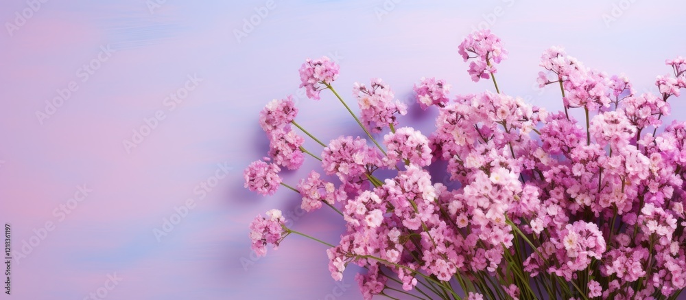 Aufkleber soft pastel backdrop with a vibrant bouquet of pink flowers on the right side, creating a serene and