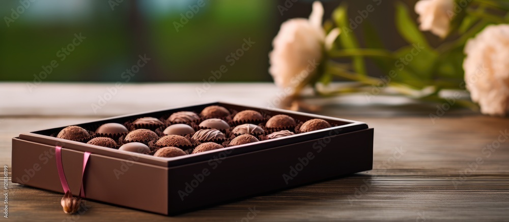 Poster Elegant dark wooden box filled with assorted chocolate candies displayed on a rustic table with soft floral elements and natural lighting.