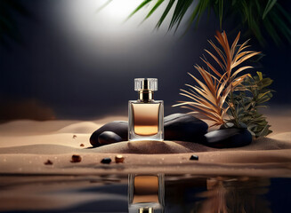 A perfume bottle sits on sand near water,  illuminated, with tropical plants nearby.  A serene scene, evocative of a luxurious escape; perfect for a 2025 Chinese New Year Fair.