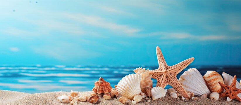 Vibrant coastal scene with scattered starfish and cockleshells on sandy beach, azure sky and calm ocean in background creating serene atmosphere