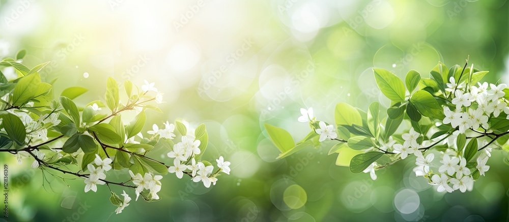 Poster bright green foliage with blurred white flowers creates a serene bokeh background illuminated by sun