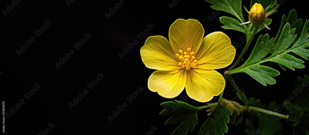 Poster yellow wildflower blossom with soft petals and green leaves on a black background featuring a sharp 
